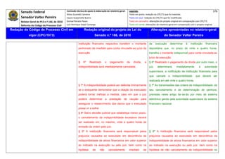Senado Federal                            Comissão técnica de apoio à elaboração do relatório‐geral:     Legenda:                                                                            376 
                                                     Athos Gusmão Carneiro                                          Texto em preto: redação do CPC/73 que foi mantida. 
           Senador Valter Pereira                    Cassio Scarpinella Bueno                                       Texto em azul: redação do CPC/73 que foi modificada. 
           Relator‐Geral do PLS n.º 166, de 2010     Dorival Renato Pavan                                           Texto em vermelho: alterações do projeto original em comparação com CPC/73. 
           Reforma do Código de Processo Civil       Luiz Henrique Volpe Camargo                                    Texto em verde: alterações do relatório‐geral em comparação com o projeto original. 

    Redação do Código de Processo Civil em                            Redação original do projeto de Lei do                              Alterações apresentadas no relatório-geral
                  vigor (CPC/1973)                                              Senado n.º 166, de 2010                                               do Senador Valter Pereira
 




                                                                instituição financeira respectiva transferir o montante                da     execução      determinar      à   instituição    financeira
                                                                penhorado de imediato para conta vinculada ao juízo da                 depositária que, no prazo de vinte e quatro horas,
                                                                execução.                                                              transfira o montante indisponível para conta vinculada ao
                                                                                                                                       juízo da execução.
                                                                §    6º    Realizado        o    pagamento         da   dívida,    a   § 6º Realizado o pagamento da dívida por outro meio, o
                                                                indisponibilidade será imediatamente cancelada.                        juiz    determinará,       imediatamente,         à    autoridade
                                                                                                                                       supervisora, a notificação da instituição financeira para
                                                                                                                                       que cancele a indisponibilidade, que deverá ser
                                                                                                                                       realizada em até vinte e quatro horas.
                                                                § 7º A indisponibilidade poderá ser deferida liminarmente              § 7º As transmissões das ordens de indisponibilidade, de
                                                                se o exequente demonstrar que a citação do executado                   seu cancelamento e de determinação de penhora,
                                                                poderá tornar ineficaz a medida; caso em que o juiz                    previstas neste artigo far-se-ão por meio de sistema
                                                                poderá     determinar       a   prestação     de    caução     para    eletrônico gerido pela autoridade supervisora do sistema
                                                                assegurar o ressarcimento dos danos que o executado                    financeiro nacional.
                                                                possa vir a sofrer.
                                                                § 8º Salvo decisão judicial que estabeleça menor prazo,
                                                                o cancelamento da indisponibilidade excessiva deverá
                                                                ser realizado em, no máximo, vinte e quatro horas da
                                                                emissão da ordem pelo juiz.
                                                                § 9º A instituição financeira será responsável pelos                   § 8º A instituição financeira será responsável pelos
                                                                prejuízos causados ao executado em decorrência da                      prejuízos causados ao executado em decorrência da
                                                                indisponibilidade de ativos financeiros em valor superior              indisponibilidade de ativos financeiros em valor superior
                                                                ao indicado na execução ou pelo juiz, bem como na                      ao indicado na execução ou pelo juiz, bem como na
                                                                hipótese      de      não       cancelamento        imediato      da   hipótese de não cancelamento da indisponibilidade no
 