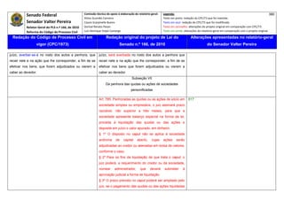 Senado Federal                            Comissão técnica de apoio à elaboração do relatório‐geral:    Legenda:                                                                            380 
                                                     Athos Gusmão Carneiro                                         Texto em preto: redação do CPC/73 que foi mantida. 
           Senador Valter Pereira                    Cassio Scarpinella Bueno                                      Texto em azul: redação do CPC/73 que foi modificada. 
           Relator‐Geral do PLS n.º 166, de 2010     Dorival Renato Pavan                                          Texto em vermelho: alterações do projeto original em comparação com CPC/73. 
           Reforma do Código de Processo Civil       Luiz Henrique Volpe Camargo                                   Texto em verde: alterações do relatório‐geral em comparação com o projeto original. 

    Redação do Código de Processo Civil em                            Redação original do projeto de Lei do                             Alterações apresentadas no relatório-geral
                  vigor (CPC/1973)                                              Senado n.º 166, de 2010                                              do Senador Valter Pereira
 




juízo, averbar-se-á no rosto dos autos a penhora, que           juízo, será averbada no rosto dos autos a penhora que
recair nele e na ação que lhe corresponder, a fim de se         recair nele e na ação que lhe corresponder, a fim de se
efetivar nos bens, que forem adjudicados ou vierem a            efetivar nos bens que forem adjudicados ou vierem a
caber ao devedor.                                               caber ao devedor.
                                                                                          Subseção VII
                                                                     Da penhora das quotas ou ações de sociedades
                                                                                         personificadas

                                                                Art. 785. Penhoradas as quotas ou as ações de sócio em                817
                                                                sociedade simples ou empresária, o juiz assinará prazo
                                                                razoável, não superior a três meses, para que a
                                                                sociedade apresente balanço especial na forma da lei,
                                                                proceda à liquidação das quotas ou das ações e
                                                                deposite em juízo o valor apurado, em dinheiro.
                                                                § 1º O disposto no caput não se aplica à sociedade
                                                                anônima      de     capital   aberto,     cujas    ações     serão
                                                                adjudicadas ao credor ou alienadas em bolsa de valores,
                                                                conforme o caso.
                                                                § 2º Para os fins da liquidação de que trata o caput, o
                                                                juiz poderá, a requerimento do credor ou da sociedade,
                                                                nomear       administrador,      que     deverá     submeter      à
                                                                aprovação judicial a forma de liquidação.
                                                                § 3º O prazo previsto no caput poderá ser ampliado pelo
                                                                juiz, se o pagamento das quotas ou das ações liquidadas
 