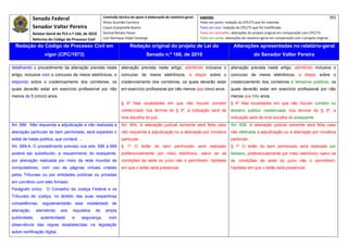 Senado Federal                           Comissão técnica de apoio à elaboração do relatório‐geral:    Legenda:                                                                            391 
                                                      Athos Gusmão Carneiro                                         Texto em preto: redação do CPC/73 que foi mantida. 
             Senador Valter Pereira                   Cassio Scarpinella Bueno                                      Texto em azul: redação do CPC/73 que foi modificada. 
            Relator‐Geral do PLS n.º 166, de 2010     Dorival Renato Pavan                                          Texto em vermelho: alterações do projeto original em comparação com CPC/73. 
             Reforma do Código de Processo Civil      Luiz Henrique Volpe Camargo                                   Texto em verde: alterações do relatório‐geral em comparação com o projeto original. 

    Redação do Código de Processo Civil em                             Redação original do projeto de Lei do                             Alterações apresentadas no relatório-geral
                   vigor (CPC/1973)                                              Senado n.º 166, de 2010                                              do Senador Valter Pereira
 




detalhando o procedimento da alienação prevista neste            alienação prevista neste artigo, admitindo inclusive o                alienação prevista neste artigo, admitindo inclusive o
artigo, inclusive com o concurso de meios eletrônicos, e         concurso de meios eletrônicos, e dispor sobre o                       concurso de meios eletrônicos, e dispor sobre o
dispondo sobre o credenciamento dos corretores, os               credenciamento dos corretores, os quais deverão estar                 credenciamento dos corretores e leiloeiros públicos, os
quais deverão estar em exercício profissional por não            em exercício profissional por não menos que cinco anos.               quais deverão estar em exercício profissional por não
menos de 5 (cinco) anos.                                                                                                               menos que três anos.
                                                                 § 4º Nas localidades em que não houver corretor                       § 4º Nas localidades em que não houver corretor ou
                                                                 credenciado nos termos do § 3º, a indicação será de                   leiloeiro público credenciado nos termos do § 3º, a
                                                                 livre escolha do juiz.                                                indicação será de livre escolha do exequente.
Art. 686. Não requerida a adjudicação e não realizada a          Art. 804. A alienação judicial somente será feita caso                Art. 836. A alienação judicial somente será feita caso
alienação particular do bem penhorado, será expedido o           não requerida a adjudicação ou a alienação por iniciativa             não efetivada a adjudicação ou a alienação por iniciativa
edital de hasta pública, que conterá: ...                        particular.                                                           particular.
Art. 689-A. O procedimento previsto nos arts. 686 a 689          § 1º O leilão do bem penhorado será realizado                         § 1º O leilão do bem penhorado será realizado por
poderá ser substituído, a requerimento do exeqüente,             preferencialmente por meio eletrônico, salvo se as                    leiloeiro, preferencialmente por meio eletrônico, salvo se
por alienação realizada por meio da rede mundial de              condições da sede do juízo não o permitirem, hipótese                 as condições da sede do juízo não o permitirem,
computadores, com uso de páginas virtuais criadas                em que o leilão será presencial.                                      hipótese em que o leilão será presencial.
pelos Tribunais ou por entidades públicas ou privadas
em convênio com eles firmado.
Parágrafo único. O Conselho da Justiça Federal e os
Tribunais de Justiça, no âmbito das suas respectivas
competências, regulamentarão esta modalidade de
alienação,     atendendo      aos   requisitos   de    ampla
publicidade,     autenticidade      e    segurança,      com
observância das regras estabelecidas na legislação
sobre certificação digital.
 