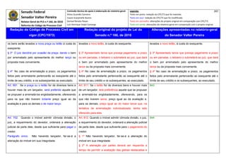 Senado Federal                           Comissão técnica de apoio à elaboração do relatório‐geral:    Legenda:                                                                            397 
                                                      Athos Gusmão Carneiro                                         Texto em preto: redação do CPC/73 que foi mantida. 
             Senador Valter Pereira                   Cassio Scarpinella Bueno                                      Texto em azul: redação do CPC/73 que foi modificada. 
            Relator‐Geral do PLS n.º 166, de 2010     Dorival Renato Pavan                                          Texto em vermelho: alterações do projeto original em comparação com CPC/73. 
             Reforma do Código de Processo Civil      Luiz Henrique Volpe Camargo                                   Texto em verde: alterações do relatório‐geral em comparação com o projeto original. 

    Redação do Código de Processo Civil em                             Redação original do projeto de Lei do                             Alterações apresentadas no relatório-geral
                   vigor (CPC/1973)                                              Senado n.º 166, de 2010                                              do Senador Valter Pereira
 




os bens serão levados a nova praça ou leilão à custa do          levados a novo leilão, à custa do exequente.                          levados a novo leilão, à custa do exequente.
exeqüente.
§ 3º O juiz decidirá por ocasião da praça, dando o bem           § 3º Apresentado lance que preveja pagamento a prazo                  § 3º Apresentado lance que preveja pagamento a prazo
por arrematado pelo apresentante do melhor lanço ou              ou em parcelas, o leiloeiro o submeterá ao juiz, que dará             ou em parcelas, o leiloeiro o submeterá ao juiz, que dará
proposta mais conveniente.                                       o bem por arrematado pelo apresentante do melhor                      o bem por arrematado pelo apresentante do melhor
                                                                 lance ou da proposta mais conveniente.                                lance ou da proposta mais conveniente.
§ 4º No caso de arrematação a prazo, os pagamentos               § 4º No caso de arrematação a prazo, os pagamentos                    § 4º No caso de arrematação a prazo, os pagamentos
feitos pelo arrematante pertencerão ao exeqüente até o           feitos pelo arrematante pertencerão ao exequente até o                feitos pelo arrematante pertencerão ao exequente até o
limite de seu crédito, e os subseqüentes ao executado.           limite de seu crédito e os subsequentes, ao executado.                limite de seu crédito e os subsequentes, ao executado.
Art. 691. Se a praça ou o leilão for de diversos bens e          Art. 811. Se o leilão for de diversos bens e houver mais              843
houver mais de um lançador, será preferido aquele que            de um lançador, terá preferência aquele que se propuser
se propuser a arrematá-los englobadamente, oferecendo            a arrematá-los englobadamente, oferecendo, para os
para os que não tiverem licitante preço igual ao da              que não tiverem lance, preço igual ao da avaliação e,
avaliação e para os demais o de maior lanço.                     para os demais, preço igual ao do maior lance que, na
                                                                 tentativa de arrematação individualizada, tenha sido
                                                                 oferecido para eles.
Art. 702. Quando o imóvel admitir cômoda divisão, o              Art. 812. Quando o imóvel admitir cômoda divisão, o juiz,             844
juiz, a requerimento do devedor, ordenará a alienação            a requerimento do devedor, ordenará a alienação judicial
judicial de parte dele, desde que suficiente para pagar o        de parte dele, desde que suficiente para o pagamento do
credor.                                                          credor.
Parágrafo único.      Não havendo lançador, far-se-á a           § 1º Não havendo lançador, far-se-á a alienação do
alienação do imóvel em sua integridade.                          imóvel em sua integridade.
                                                                 § 2º A alienação por partes deverá ser requerida a
                                                                 tempo de permitir a avaliação das glebas destacadas e
 