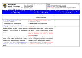 Senado Federal                            Comissão técnica de apoio à elaboração do relatório‐geral:    Legenda:                                                                            404 
                                                       Athos Gusmão Carneiro                                         Texto em preto: redação do CPC/73 que foi mantida. 
             Senador Valter Pereira                    Cassio Scarpinella Bueno                                      Texto em azul: redação do CPC/73 que foi modificada. 
             Relator‐Geral do PLS n.º 166, de 2010     Dorival Renato Pavan                                          Texto em vermelho: alterações do projeto original em comparação com CPC/73. 
             Reforma do Código de Processo Civil       Luiz Henrique Volpe Camargo                                   Texto em verde: alterações do relatório‐geral em comparação com o projeto original. 

    Redação do Código de Processo Civil em                              Redação original do projeto de Lei do                             Alterações apresentadas no relatório-geral
                    vigor (CPC/1973)                                              Senado n.º 166, de 2010                                              do Senador Valter Pereira
 




                                                                                               Seção IV
                                                                                      Da satisfação do crédito

Art. 708. O pagamento ao credor far-se-á:                         Art. 828. A satisfação do crédito exequendo far-se-á:                 859
I - pela entrega do dinheiro;                                     I - pela entrega do dinheiro;
II - pela adjudicação dos bens penhorados;                        II - pela adjudicação dos bens penhorados.
III - pelo usufruto de bem imóvel ou de empresa.
Art. 709. O juiz autorizará que o credor levante, até a           Art. 829. O juiz autorizará que o credor levante, até a               860
satisfação integral de seu crédito, o dinheiro depositado         satisfação integral de seu crédito, o dinheiro depositado
para segurar o juízo ou o produto dos bens alienados              para segurar o juízo ou o produto dos bens alienados,
quando:                                                           bem como do faturamento de empresa ou de outros
                                                                  frutos    e    rendimentos       de    coisas      ou   empresas
                                                                  penhoradas, quando:
I - a execução for movida só a benefício do credor                I - a execução for movida só a benefício do credor
singular, a quem, por força da penhora, cabe o direito de         singular, a quem, por força da penhora, cabe o direito de
preferência sobre os bens penhorados e alienados;                 preferência sobre os bens penhorados e alienados;
II - não houver sobre os bens alienados qualquer outro            II - não houver sobre os bens alienados outros privilégios
privilégio ou preferência, instituído anteriormente à             ou preferências instituídos anteriormente à penhora.
penhora.
 