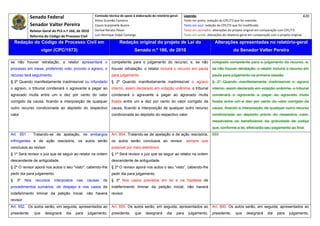 Senado Federal                           Comissão técnica de apoio à elaboração do relatório‐geral:    Legenda:                                                                            420 
                                                       Athos Gusmão Carneiro                                         Texto em preto: redação do CPC/73 que foi mantida. 
              Senador Valter Pereira                   Cassio Scarpinella Bueno                                      Texto em azul: redação do CPC/73 que foi modificada. 
             Relator‐Geral do PLS n.º 166, de 2010     Dorival Renato Pavan                                          Texto em vermelho: alterações do projeto original em comparação com CPC/73. 
              Reforma do Código de Processo Civil      Luiz Henrique Volpe Camargo                                   Texto em verde: alterações do relatório‐geral em comparação com o projeto original. 

    Redação do Código de Processo Civil em                              Redação original do projeto de Lei do                             Alterações apresentadas no relatório-geral
                       vigor (CPC/1973)                                           Senado n.º 166, de 2010                                              do Senador Valter Pereira
 




se não houver retratação, o relator apresentará o                 competente para o julgamento do recurso, e, se não                    colegiado competente para o julgamento do recurso, e,
processo em mesa, proferindo voto; provido o agravo, o            houver retratação, o relator incluirá o recurso em pauta              se não houver retratação, o relator incluirá o recurso em
recurso terá seguimento.                                          para julgamento.                                                      pauta para julgamento na primeira sessão.
§ 2º Quando manifestamente inadmissível ou infundado              § 2º Quando manifestamente inadmissível o agravo                      § 2º Quando manifestamente inadmissível o agravo
o agravo, o tribunal condenará o agravante a pagar ao             interno, assim declarado em votação unânime, o tribunal               interno, assim declarado em votação unânime, o tribunal
agravado multa entre um e dez por cento do valor                  condenará o agravante a pagar ao agravado multa                       condenará o agravante a pagar ao agravado multa
corrigido da causa, ficando a interposição de qualquer            fixada entre um e dez por cento do valor corrigido da                 fixada entre um e dez por cento do valor corrigido da
outro recurso condicionada ao depósito do respectivo              causa, ficando a interposição de qualquer outro recurso               causa, ficando a interposição de qualquer outro recurso
valor.                                                            condicionada ao depósito do respectivo valor.                         condicionada ao depósito prévio do respectivo valor,
                                                                                                                                        ressalvados os beneficiários da gratuidade de justiça
                                                                                                                                        que, conforme a lei, efetivarão seu pagamento ao final.
Art. 551.        Tratando-se de apelação, de embargos             Art. 854. Tratando-se de apelação e de ação rescisória,               889
infringentes e de ação rescisória, os autos serão                 os autos serão conclusos ao revisor, sempre que
conclusos ao revisor.                                             possível por meio eletrônico.
§ 1º Será revisor o juiz que se seguir ao relator na ordem        § 1º Será revisor o juiz que se seguir ao relator na ordem
descendente de antigüidade.                                       descendente de antiguidade.
§ 2º O revisor aporá nos autos o seu "visto", cabendo-lhe         § 2º O revisor aporá nos autos o seu “visto”, cabendo-lhe
pedir dia para julgamento.                                        pedir dia para julgamento.
§    3º    Nos    recursos   interpostos   nas    causas    de    § 3º Nos casos previstos em lei e na hipótese de
procedimentos sumários, de despejo e nos casos de                 indeferimento liminar da petição inicial, não haverá
indeferimento liminar da petição inicial, não haverá              revisor.
revisor.
Art. 552. Os autos serão, em seguida, apresentados ao             Art. 855. Os autos serão, em seguida, apresentados ao                 Art. 890. Os autos serão, em seguida, apresentados ao
presidente,      que    designará   dia    para   julgamento,     presidente,      que    designará      dia    para    julgamento,     presidente,      que    designará      dia   para     julgamento,
 