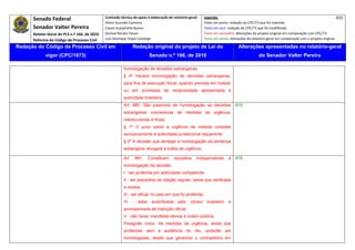 Senado Federal                            Comissão técnica de apoio à elaboração do relatório‐geral:      Legenda:                                                                            431 
                                                     Athos Gusmão Carneiro                                           Texto em preto: redação do CPC/73 que foi mantida. 
           Senador Valter Pereira                    Cassio Scarpinella Bueno                                        Texto em azul: redação do CPC/73 que foi modificada. 
           Relator‐Geral do PLS n.º 166, de 2010     Dorival Renato Pavan                                            Texto em vermelho: alterações do projeto original em comparação com CPC/73. 
           Reforma do Código de Processo Civil       Luiz Henrique Volpe Camargo                                     Texto em verde: alterações do relatório‐geral em comparação com o projeto original. 

    Redação do Código de Processo Civil em                             Redação original do projeto de Lei do                              Alterações apresentadas no relatório-geral
                  vigor (CPC/1973)                                                  Senado n.º 166, de 2010                                            do Senador Valter Pereira
 




                                                                homologação de decisões estrangeiras.
                                                                § 4º Haverá homologação de decisões estrangeiras,
                                                                para fins de execução fiscal, quando prevista em tratado
                                                                ou em promessa de reciprocidade apresentada à
                                                                autoridade brasileira.
                                                                Art. 880. São passíveis de homologação as decisões                      915
                                                                estrangeiras concessivas de medidas de urgência,
                                                                interlocutórias e finais.
                                                                § 1º O juízo sobre a urgência da medida compete
                                                                exclusivamente à autoridade jurisdicional requerente.
                                                                § 2º A decisão que denegar a homologação da sentença
                                                                estrangeira revogará a tutela de urgência.

                                                                Art.       881.     Constituem     requisitos   indispensáveis      à   916
                                                                homologação da decisão:
                                                                I - ser proferida por autoridade competente;
                                                                II - ser precedida de citação regular, ainda que verificada
                                                                a revelia;
                                                                III - ser eficaz no país em que foi proferida;
                                                                IV     -    estar    autenticada     pelo   cônsul    brasileiro    e
                                                                acompanhada de tradução oficial;
                                                                V - não haver manifesta ofensa à ordem pública.
                                                                Parágrafo único. As medidas de urgência, ainda que
                                                                proferidas sem a audiência do réu, poderão ser
                                                                homologadas, desde que garantido o contraditório em
 