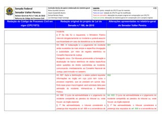 Senado Federal                            Comissão técnica de apoio à elaboração do relatório‐geral:    Legenda:                                                                            438 
                                                     Athos Gusmão Carneiro                                         Texto em preto: redação do CPC/73 que foi mantida. 
           Senador Valter Pereira                    Cassio Scarpinella Bueno                                      Texto em azul: redação do CPC/73 que foi modificada. 
           Relator‐Geral do PLS n.º 166, de 2010     Dorival Renato Pavan                                          Texto em vermelho: alterações do projeto original em comparação com CPC/73. 
           Reforma do Código de Processo Civil       Luiz Henrique Volpe Camargo                                   Texto em verde: alterações do relatório‐geral em comparação com o projeto original. 

    Redação do Código de Processo Civil em                            Redação original do projeto de Lei do                             Alterações apresentadas no relatório-geral
                  vigor (CPC/1973)                                              Senado n.º 166, de 2010                                              do Senador Valter Pereira
 




                                                                incidente.
                                                                § 3º Se não for o requerente, o Ministério Público
                                                                intervirá obrigatoriamente no incidente e poderá assumir
                                                                sua titularidade em caso de desistência ou de abandono.
                                                                Art. 896. A instauração e o julgamento do incidente                   931
                                                                serão sucedidos da mais ampla e específica divulgação
                                                                e publicidade, por meio de registro eletrônico no
                                                                Conselho Nacional de Justiça.
                                                                Parágrafo único. Os tribunais promoverão a formação e
                                                                atualização de banco eletrônico de dados específicos
                                                                sobre questões de direito submetidas ao incidente,
                                                                comunicando, imediatamente, ao Conselho Nacional de
                                                                Justiça, para inclusão no cadastro.
                                                                Art. 897. Após a distribuição, o relator poderá requisitar            932
                                                                informações ao órgão em cujo juízo tem curso o
                                                                processo originário, que as prestará em quinze dias;
                                                                findo esse prazo improrrogável, será solicitada data para
                                                                admissão      do    incidente,    intimando-se      o   Ministério
                                                                Público.
                                                                Art. 898. O juízo de admissibilidade e o julgamento do                Art. 933. O juízo de admissibilidade e o julgamento do
                                                                incidente competirão ao plenário do tribunal ou, onde                 incidente competirão ao plenário do tribunal ou, onde
                                                                houver, ao órgão especial.                                            houver, ao órgão especial.
                                                                § 1º Na admissibilidade, o tribunal considerará a                     § 1º Na admissibilidade, o tribunal considerará a
                                                                presença dos requisitos do art. 895 e a conveniência de               presença dos requisitos do art. 930 e a conveniência de
 
