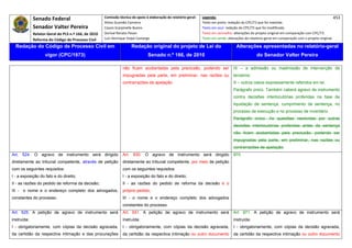 Senado Federal                            Comissão técnica de apoio à elaboração do relatório‐geral:    Legenda:                                                                            453 
                                                         Athos Gusmão Carneiro                                         Texto em preto: redação do CPC/73 que foi mantida. 
               Senador Valter Pereira                    Cassio Scarpinella Bueno                                      Texto em azul: redação do CPC/73 que foi modificada. 
               Relator‐Geral do PLS n.º 166, de 2010     Dorival Renato Pavan                                          Texto em vermelho: alterações do projeto original em comparação com CPC/73. 
               Reforma do Código de Processo Civil       Luiz Henrique Volpe Camargo                                   Texto em verde: alterações do relatório‐geral em comparação com o projeto original. 

    Redação do Código de Processo Civil em                                Redação original do projeto de Lei do                             Alterações apresentadas no relatório-geral
                      vigor (CPC/1973)                                              Senado n.º 166, de 2010                                              do Senador Valter Pereira
 




                                                                    não ficam acobertadas pela preclusão, podendo ser                     IX – a admissão ou inadmissão de intervenção de
                                                                    impugnadas pela parte, em preliminar, nas razões ou                   terceiros;
                                                                    contrarrazões de apelação.                                            X – outros casos expressamente referidos em lei.
                                                                                                                                          Parágrafo único. Também caberá agravo de instrumento
                                                                                                                                          contra decisões interlocutórias proferidas na fase de
                                                                                                                                          liquidação de sentença, cumprimento de sentença, no
                                                                                                                                          processo de execução e no processo de inventário.
                                                                                                                                          Parágrafo único. As questões resolvidas por outras
                                                                                                                                          decisões interlocutórias proferidas antes da sentença
                                                                                                                                          não ficam acobertadas pela preclusão, podendo ser
                                                                                                                                          impugnadas pela parte, em preliminar, nas razões ou
                                                                                                                                          contrarrazões de apelação.
Art. 524. O agravo de instrumento será dirigido                     Art. 930. O agravo de instrumento será dirigido                       970
diretamente ao tribunal competente, através de petição              diretamente ao tribunal competente, por meio de petição
com os seguintes requisitos:                                        com os seguintes requisitos:
I - a exposição do fato e do direito;                               I - a exposição do fato e do direito;
II - as razões do pedido de reforma da decisão;                     II - as razões do pedido de reforma da decisão e o
III -   o nome e o endereço completo dos advogados,                 próprio pedido;
constantes do processo.                                             III - o nome e o endereço completo dos advogados
                                                                    constantes do processo.
Art. 525. A petição de agravo de instrumento será                   Art. 931. A petição de agravo de instrumento será                     Art. 971. A petição de agravo de instrumento será
instruída:                                                          instruída:                                                            instruída:
I - obrigatoriamente, com cópias da decisão agravada,               I - obrigatoriamente, com cópias da decisão agravada,                 I - obrigatoriamente, com cópias da decisão agravada,
da certidão da respectiva intimação e das procurações               da certidão da respectiva intimação ou outro documento                da certidão da respectiva intimação ou outro documento
 