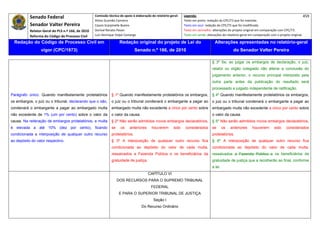Senado Federal                            Comissão técnica de apoio à elaboração do relatório‐geral:    Legenda:                                                                            459 
                                                     Athos Gusmão Carneiro                                         Texto em preto: redação do CPC/73 que foi mantida. 
           Senador Valter Pereira                    Cassio Scarpinella Bueno                                      Texto em azul: redação do CPC/73 que foi modificada. 
           Relator‐Geral do PLS n.º 166, de 2010     Dorival Renato Pavan                                          Texto em vermelho: alterações do projeto original em comparação com CPC/73. 
           Reforma do Código de Processo Civil       Luiz Henrique Volpe Camargo                                   Texto em verde: alterações do relatório‐geral em comparação com o projeto original. 

    Redação do Código de Processo Civil em                            Redação original do projeto de Lei do                             Alterações apresentadas no relatório-geral
                  vigor (CPC/1973)                                               Senado n.º 166, de 2010                                             do Senador Valter Pereira
 




                                                                                                                                      § 3º Se, ao julgar os embargos de declaração, o juiz,
                                                                                                                                      relator ou órgão colegiado não alterar a conclusão do
                                                                                                                                      julgamento anterior, o recurso principal interposto pela
                                                                                                                                      outra parte antes da publicação do resultado será
                                                                                                                                      processado e julgado independente de ratificação.
Parágrafo único. Quando manifestamente protelatórios            § 1º Quando manifestamente protelatórios os embargos,                 § 4º Quando manifestamente protelatórios os embargos,
os embargos, o juiz ou o tribunal, declarando que o são,        o juiz ou o tribunal condenará o embargante a pagar ao                o juiz ou o tribunal condenará o embargante a pagar ao
condenará o embargante a pagar ao embargado multa               embargado multa não excedente a cinco por cento sobre                 embargado multa não excedente a cinco por cento sobre
não excedente de 1% (um por cento) sobre o valor da             o valor da causa.                                                     o valor da causa.
causa. Na reiteração de embargos protelatórios, a multa         § 2º Não serão admitidos novos embargos declaratórios,                § 5º Não serão admitidos novos embargos declaratórios,
é elevada a até 10% (dez por cento), ficando                    se     os    anteriores     houverem        sido    considerados      se       os   anteriores    houverem       sido     considerados
condicionada a interposição de qualquer outro recurso           protelatórios.                                                        protelatórios.
ao depósito do valor respectivo.                                § 3º A interposição de qualquer outro recurso fica                    § 6º A interposição de qualquer outro recurso fica
                                                                condicionada ao depósito do valor de cada multa,                      condicionada ao depósito do valor de cada multa,
                                                                ressalvados a Fazenda Pública e os beneficiários da                   ressalvados a Fazenda Pública e os beneficiários da
                                                                gratuidade de justiça.                                                gratuidade de justiça que a recolherão ao final, conforme
                                                                                                                                      a lei.
                                                                                          CAPÍTULO VI
                                                                     DOS RECURSOS PARA O SUPREMO TRIBUNAL
                                                                                            FEDERAL
                                                                     E PARA O SUPERIOR TRIBUNAL DE JUSTIÇA
                                                                                              Seção I
                                                                                     Do Recurso Ordinário
 