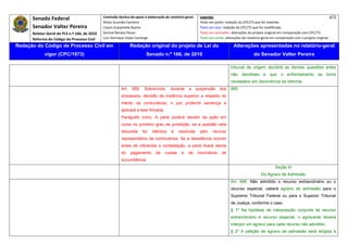 Senado Federal                            Comissão técnica de apoio à elaboração do relatório‐geral:      Legenda:                                                                            472 
                                                     Athos Gusmão Carneiro                                           Texto em preto: redação do CPC/73 que foi mantida. 
           Senador Valter Pereira                    Cassio Scarpinella Bueno                                        Texto em azul: redação do CPC/73 que foi modificada. 
           Relator‐Geral do PLS n.º 166, de 2010     Dorival Renato Pavan                                            Texto em vermelho: alterações do projeto original em comparação com CPC/73. 
           Reforma do Código de Processo Civil       Luiz Henrique Volpe Camargo                                     Texto em verde: alterações do relatório‐geral em comparação com o projeto original. 

    Redação do Código de Processo Civil em                             Redação original do projeto de Lei do                              Alterações apresentadas no relatório-geral
                  vigor (CPC/1973)                                              Senado n.º 166, de 2010                                                do Senador Valter Pereira
 




                                                                                                                                        tribunal de origem decidirá as demais questões antes
                                                                                                                                        não decididas e que o enfrentamento se torne
                                                                                                                                        necessário em decorrência da reforma.
                                                                Art.   958.    Sobrevindo,      durante     a      suspensão     dos    995
                                                                processos, decisão da instância superior a respeito do
                                                                mérito da controvérsia, o juiz proferirá sentença e
                                                                aplicará a tese firmada.
                                                                Parágrafo único. A parte poderá desistir da ação em
                                                                curso no primeiro grau de jurisdição, se a questão nela
                                                                discutida     for   idêntica    à    resolvida      pelo     recurso
                                                                representativo da controvérsia. Se a desistência ocorrer
                                                                antes de oferecida a contestação, a parte ficará isenta
                                                                do     pagamento      de    custas     e   de      honorários     de
                                                                sucumbência.
                                                                                                                                                                     Seção III
                                                                                                                                                            Do Agravo de Admissão
                                                                                                                                        Art. 996. Não admitido o recurso extraordinário ou o
                                                                                                                                        recurso especial, caberá agravo de admissão para o
                                                                                                                                        Supremo Tribunal Federal ou para o Superior Tribunal
                                                                                                                                        de Justiça, conforme o caso.
                                                                                                                                        § 1º Na hipótese de interposição conjunta de recurso
                                                                                                                                        extraordinário e recurso especial, o agravante deverá
                                                                                                                                        interpor um agravo para cada recurso não admitido.
                                                                                                                                        § 2º A petição de agravo de admissão será dirigida à
 