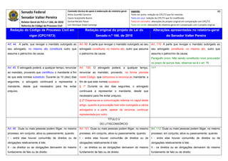 Senado Federal                            Comissão técnica de apoio à elaboração do relatório‐geral:    Legenda:                                                                               49 
                                                        Athos Gusmão Carneiro                                         Texto em preto: redação do CPC/73 que foi mantida. 
              Senador Valter Pereira                    Cassio Scarpinella Bueno                                      Texto em azul: redação do CPC/73 que foi modificada. 
              Relator‐Geral do PLS n.º 166, de 2010     Dorival Renato Pavan                                          Texto em vermelho: alterações do projeto original em comparação com CPC/73. 
              Reforma do Código de Processo Civil       Luiz Henrique Volpe Camargo                                   Texto em verde: alterações do relatório‐geral em comparação com o projeto original. 

    Redação do Código de Processo Civil em                               Redação original do projeto de Lei do                             Alterações apresentadas no relatório-geral
                     vigor (CPC/1973)                                              Senado n.º 166, de 2010                                              do Senador Valter Pereira
 




Art. 44. A parte, que revogar o mandato outorgado ao               Art. 99. A parte que revogar o mandato outorgado ao seu                Art. 110. A parte que revogar o mandato outorgado ao
seu advogado, no mesmo ato constituirá outro que                   advogado constituirá, no mesmo ato, outro que assuma                   seu advogado constituirá, no mesmo ato, outro que
assuma o patrocínio da causa.                                      o patrocínio da causa.                                                assuma o patrocínio da causa.
                                                                                                                                         Parágrafo único. Não sendo constituído novo procurador
                                                                                                                                         no prazo de quinze dias, observar-se-á o art. 76.
Art. 45. O advogado poderá, a qualquer tempo, renunciar            Art. 100. O advogado poderá, a qualquer tempo,                         111
ao mandato, provando que cientificou o mandante a fim              renunciar ao mandato, provando, na forma prevista
de que este nomeie substituto. Durante os 10 (dez) dias            neste Código, que comunicou a renúncia ao mandante, a
seguintes, o advogado continuará a representar o                   fim de que este nomeie sucessor.
mandante, desde que necessário para lhe evitar                     § 1º Durante os dez dias seguintes, o advogado
prejuízo.                                                          continuará a representar o mandante, desde que
                                                                   necessário para lhe evitar prejuízo.
                                                                   § 2º Dispensa-se a comunicação referida no caput deste
                                                                   artigo, quando a procuração tiver sido outorgada a vários
                                                                   advogados e a parte, apesar da renúncia, continuar
                                                                   representada por outro.
                                                                                               TÍTULO V
                                                                                       DO LITISCONSÓRCIO
Art. 46. Duas ou mais pessoas podem litigar, no mesmo              Art. 101. Duas ou mais pessoas podem litigar, no mesmo                 Art. 112. Duas ou mais pessoas podem litigar, no mesmo
processo, em conjunto, ativa ou passivamente, quando:              processo, em conjunto, ativa ou passivamente, quando:                  processo, em conjunto, ativa ou passivamente, quando:
I - entre elas houver comunhão de direitos ou de                   I - entre elas houver comunhão de direitos ou de                       I - entre elas houver comunhão de direitos ou de
obrigações relativamente à lide;                                   obrigações relativamente à lide;                                       obrigações relativamente à lide;
II - os direitos ou as obrigações derivarem do mesmo               II - os direitos ou as obrigações derivarem do mesmo                   II - os direitos ou as obrigações derivarem do mesmo
fundamento de fato ou de direito;                                  fundamento de fato ou de direito;                                      fundamento de fato ou de direito;
 