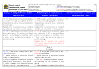 Senado Federal                            Comissão técnica de apoio à elaboração do relatório‐geral:    Legenda:                                                                               64 
                                                        Athos Gusmão Carneiro                                         Texto em preto: redação do CPC/73 que foi mantida. 
              Senador Valter Pereira                    Cassio Scarpinella Bueno                                      Texto em azul: redação do CPC/73 que foi modificada. 
              Relator‐Geral do PLS n.º 166, de 2010     Dorival Renato Pavan                                          Texto em vermelho: alterações do projeto original em comparação com CPC/73. 
              Reforma do Código de Processo Civil       Luiz Henrique Volpe Camargo                                   Texto em verde: alterações do relatório‐geral em comparação com o projeto original. 

    Redação do Código de Processo Civil em                               Redação original do projeto de Lei do                             Alterações apresentadas no relatório-geral
                     vigor (CPC/1973)                                              Senado n.º 166, de 2010                                              do Senador Valter Pereira
 




Art. 149. O depositário ou administrador perceberá, por            Art. 129. O depositário ou o administrador perceberá, por              139
seu trabalho, remuneração que o juiz fixará, atendendo à           seu trabalho, remuneração que o juiz fixará, atendendo à
situação dos bens, ao tempo do serviço e às dificuldades           situação dos bens, ao tempo do serviço e às dificuldades
de sua execução.                                                   de sua execução.
Parágrafo único. O juiz poderá nomear, por indicação do            Parágrafo único. O juiz poderá nomear, por indicação do
depositário ou do administrador, um ou mais prepostos.             depositário ou do administrador, um ou mais prepostos.
Art. 150.     O depositário ou o administrador responde            Art. 130. O depositário ou o administrador responde                    140
pelos prejuízos que, por dolo ou culpa, causar à parte,            pelos prejuízos que, por dolo ou culpa, causar à parte,
perdendo a remuneração que lhe foi arbitrada; mas tem              perdendo a remuneração que lhe foi arbitrada, mas tem
o direito a haver o que legitimamente despendeu no                 o direito a haver o que legitimamente despendeu no
exercício do encargo.                                              exercício do encargo.
                                                                   Parágrafo      único.    O    depositário     infiel   responderá
                                                                   civilmente pelos prejuízos causados, sem prejuízo da
                                                                   responsabilidade penal.
                                                                                                Seção IV
                                                                                             Do Intérprete
Art. 151.     O juiz nomeará intérprete toda vez que o             Art. 131. O juiz nomeará intérprete toda vez que o                     141
repute necessário para:                                            considerar necessário para:
I - analisar documento de entendimento duvidoso,                   I - analisar documento de entendimento duvidoso,
redigido em língua estrangeira;                                    redigido em língua estrangeira;
II - verter em português as declarações das partes e das           II - verter para o português as declarações das partes e
testemunhas que não conhecerem o idioma nacional;                  das testemunhas que não conhecerem o idioma
III - traduzir a linguagem mímica dos surdos-mudos, que            nacional;
não puderem transmitir a sua vontade por escrito.                  III - traduzir a linguagem mímica dos surdos-mudos que
 