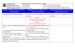 Senado Federal                            Comissão técnica de apoio à elaboração do relatório‐geral:    Legenda:                                                                               7 
                                                      Athos Gusmão Carneiro                                         Texto em preto: redação do CPC/73 que foi mantida. 
            Senador Valter Pereira                    Cassio Scarpinella Bueno                                      Texto em azul: redação do CPC/73 que foi modificada. 
            Relator‐Geral do PLS n.º 166, de 2010     Dorival Renato Pavan                                          Texto em vermelho: alterações do projeto original em comparação com CPC/73. 
            Reforma do Código de Processo Civil       Luiz Henrique Volpe Camargo                                   Texto em verde: alterações do relatório‐geral em comparação com o projeto original. 

    Redação do Código de Processo Civil em                             Redação original do projeto de Lei do                             Alterações apresentadas no relatório-geral
                   vigor (CPC/1973)                                              Senado n.º 166, de 2010                                              do Senador Valter Pereira
 




poderá requerer que o juiz a declare por sentença.               contraditório, a declarará por sentença, com força de                  contraditório, a declarará na sentença, com força de
                                                                 coisa julgada.                                                         coisa julgada.
                                                                                             TÍTULO II
                                                                           LIMITES DA JURISDIÇÃO BRASILEIRA E
                                                                              COOPERAÇÃO INTERNACIONAL
                                                                                            CAPÍTULO I
                                                                           DOS LIMITES DA JURISDIÇÃO NACIONAL

Art. 88. É competente a autoridade judiciária brasileira         Art. 20. Cabe à autoridade judiciária brasileira processar            21
quando:                                                          e julgar as ações em que:
                                                                 I - o réu, qualquer que seja a sua nacionalidade, estiver
I - o réu, qualquer que seja a sua nacionalidade, estiver        domiciliado no Brasil;
domiciliado no Brasil;                                           II - no Brasil tiver de ser cumprida a obrigação;
II - no Brasil tiver de ser cumprida a obrigação;                III - o fundamento seja fato ocorrido ou ato praticado no
III - a ação se originar de fato ocorrido ou de ato              Brasil.
praticado no Brasil.                                             Parágrafo único. Para o fim do disposto no inciso I,
Parágrafo único. Para o fim do disposto no n.º I, reputa-        considera-se domiciliada no Brasil a pessoa jurídica
se domiciliada no Brasil a pessoa jurídica estrangeira           estrangeira que aqui tiver agência, filial ou sucursal.
que aqui tiver agência, filial ou sucursal.
 