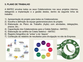 5. PLANO DE TRABALHO

A MATEC envolve todos os seus Colaboradores nos seus projetos internos,
delegando a implantação e a gestão destes, dentro da seguinte linha de
trabalho:

1) Apresentação do projeto para todos os Colaboradores;
2) Escolha e definição da equipe gestora/executora do projeto;
3) Elaboração do Plano de Trabalho (Ação) com atividades, delegações,
   prazos, etc.;
4) Capacitação dos Colaboradores para a Coleta Seletiva - MATEC;
5) Elaboração da cartilha da Coleta Seletiva – MATEC
6) Registro fotográfico do “antes” e do “depois”
7) Confecção do relatório de resultados para divulgação no site da Empresa.
 