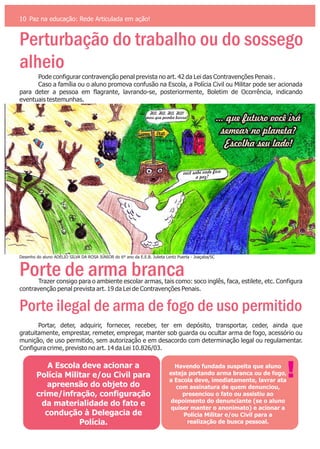 10 Paz na educação: Rede Articulada em ação!
Perturbação do trabalho ou do sossego
alheio
Pode configurar contravenção penal prevista no art. 42 da Lei das Contravenções Penais .
Caso a família ou o aluno promova confusão na Escola, a Polícia Civil ou Militar pode ser acionada
para deter a pessoa em flagrante, lavrando-se, posteriormente, Boletim de Ocorrência, indicando
eventuais testemunhas.
Porte de arma branca
Porte ilegal de arma de fogo de uso permitido
Trazer consigo para o ambiente escolar armas, tais como: soco inglês, faca, estilete, etc. Configura
contravenção penal prevista art. 19 da Lei de Contravenções Penais.
Portar, deter, adquirir, fornecer, receber, ter em depósito, transportar, ceder, ainda que
gratuitamente, emprestar, remeter, empregar, manter sob guarda ou ocultar arma de fogo, acessório ou
munição, de uso permitido, sem autorização e em desacordo com determinação legal ou regulamentar.
Configura crime, previsto no art. 14 da Lei 10.826/03.
A Escola deve acionar a
Polícia Militar e/ou Civil para
apreensão do objeto do
crime/infração, configuração
da materialidade do fato e
condução à Delegacia de
Polícia.
Havendo fundada suspeita que aluno
esteja portando arma branca ou de fogo,
a Escola deve, imediatamente, lavrar ata
com assinatura de quem denunciou,
presenciou o fato ou assistiu ao
depoimento do denunciante (se o aluno
quiser manter o anonimato) e acionar a
Polícia Militar e/ou Civil para a
realização de busca pessoal.
!
... que futuro você irá
semear no planeta?
Escolha seu lado!
HA, HA, HA, HA!
mas que pomba burra!
você sabe onde fica
a paz?
Desenho do aluno ADÉLIO SILVA DA ROSA JÚNIOR do 6º ano da E.E.B. Julieta Lentz Puerta - Joaçaba/SC
 