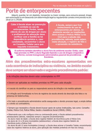 Paz na educação: Rede Articulada em ação!11
Porte de entorpecentesAdquirir, guardar, ter em depósito, transportar ou trazer consigo, para consumo pessoal, drogas
sem autorização ou em desacordo com determinação legal ou regulamentar comete crime previsto no art.
28 da Lei 11.343/06.
Cabe à Escola atuar na prevenção
e combate ao uso de
entorpecentes. Porém, tendo
ciência do uso de drogas por aluno
o profissional da educação deve
verificar com a família se há
dependência química e, caso
constatada, encaminhar o aluno
ao Conselho Tutelar para que
requisite tratamento.
A Escola, sempre que tiver
conhecimento do uso de
entorpecentes por alunos, no
ambiente escolar ou imediações,
deve acionar a Polícia Militar e/ou
Civil para a adoção das
providências cabíveis, quais sejam,
nesta situação, o registro do fato e
a apreensão da substância.
!
!!
O uniforme também identifica o aluno fora do ambiente escolar. Então, caso
haja previsão no PPP, o aluno flagrado fazendo o uso de drogas e trajando o
uniforme, comete transgressão administrativa passível de providências
Escolares.
Além dos procedimentos extra-escolares apresentados em
cadaocorrênciadeindisciplinaouviolência,noâmbitoescolar
devesempreserobservadooseguinteprocedimentopadrão:
• As infrações descritas devem estar contempladas no PPP
• Devem ser aplicadas as medidas previstas no PPP para cada situação
• A escola irá cientificar os pais ou responsáveis acerca da infração e da medida aplicada
• A infração será formalizada no livro de registros da escola através da descrição dos fatos e na
presença de testemunhas;
• Em todo o procedimento administrativo serão assegurados o devido processo legal, a ampla defesa
e o direito ao contraditório;
• Sempre que necessário a Escola deverá buscar apoio de outras Instituições, tais como: Conselho
Tutelar, Polícia Civil, Polícia Militar, Saúde e Assistência Social (CREAS, CRAS).
• Observando que o ato configura crime ou contravenção penal, a Escola adotará procedimentos
extraescolares cabíveis, realizando sempre o seguinte encaminhamento:
- Ao aluno maior de idade: a Escola deve registrar Boletim de Ocorrência junto à Polícia Civil;
- Ao aluno de 12 a 18 anos incompletos (adolescentes): a Escola deve registrar Boletim de
Ocorrência junto a Polícia Civil;
- Ao aluno de até 12 anos incompletos (criança): a Escola deve acionar o Conselho Tutelar, encaminhando
cópia dos registros relativos ao aluno, para aplicação das medidas protetivas em face da criança;
 