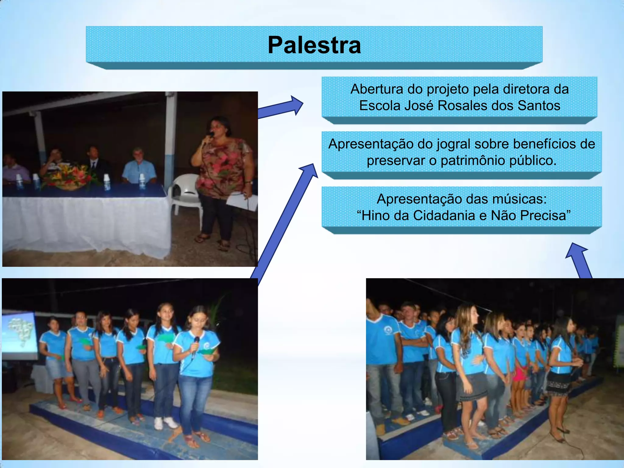 Palestra
        Abertura do projeto pela diretora da
         Escola José Rosales dos Santos

     Apresentação do jogral sobre benefícios de
          preservar o patrimônio público.

            Apresentação das músicas:
         “Hino da Cidadania e Não Precisa”
 