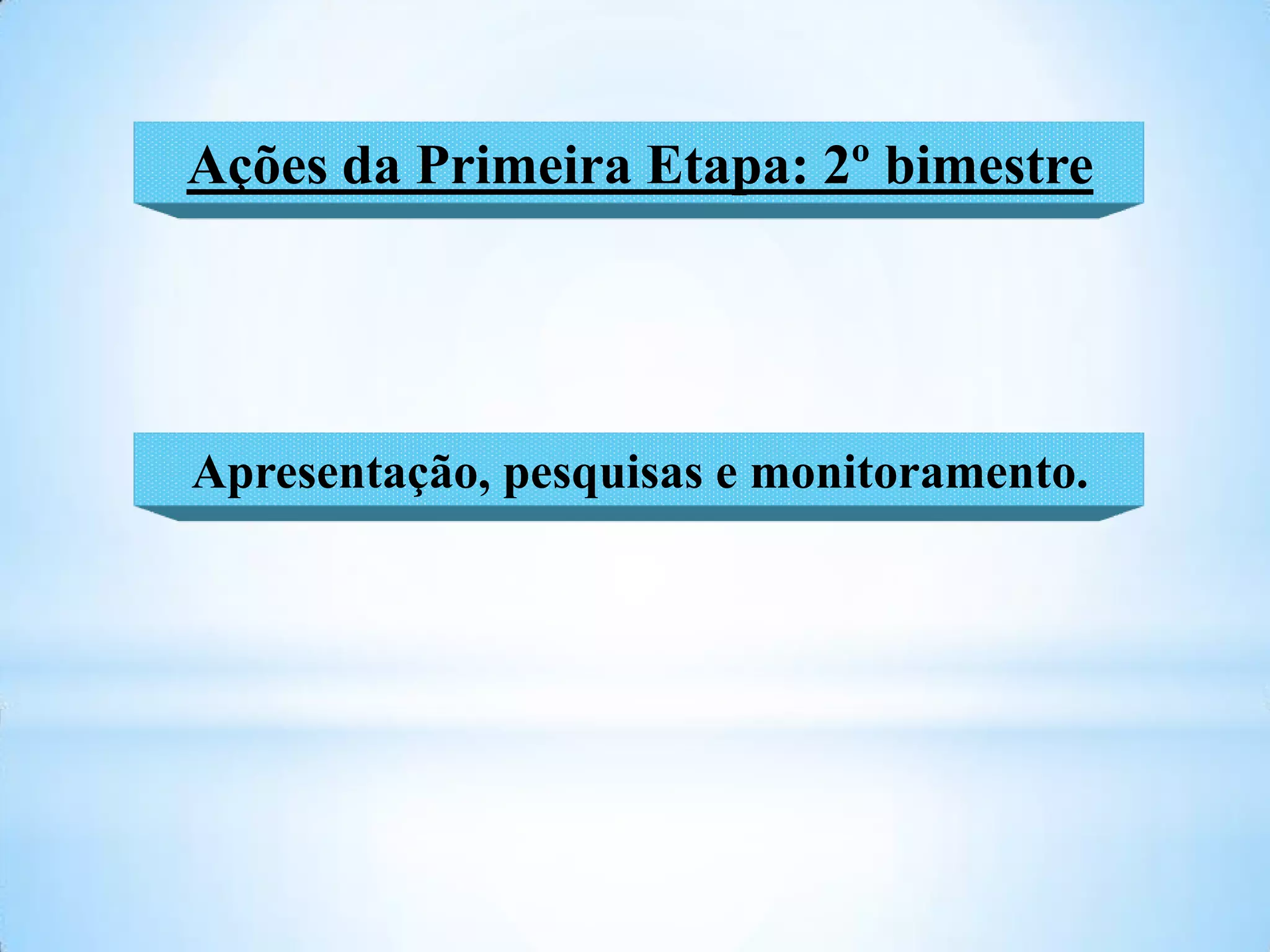 Ações da Primeira Etapa: 2º bimestre




Apresentação, pesquisas e monitoramento.
 