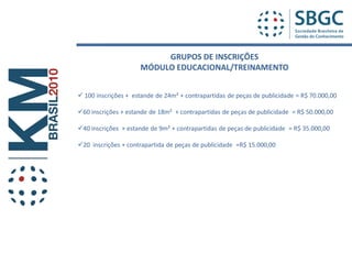 GRUPOS DE INSCRIÇÕES
                     MÓDULO EDUCACIONAL/TREINAMENTO


 100 inscrições + estande de 24m² + contrapartidas de peças de publicidade = R$ 70.000,00

60 inscrições + estande de 18m² + contrapartidas de peças de publicidade = R$ 50.000,00

40 inscrições + estande de 9m² + contrapartidas de peças de publicidade = R$ 35.000,00

20 inscrições + contrapartida de peças de publicidade =R$ 15.000,00
 