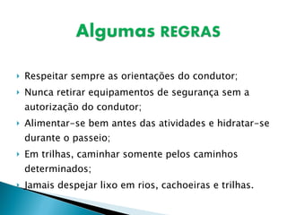 Respeitar sempre as orientações do condutor; Nunca retirar equipamentos de segurança sem a autorização do condutor; Alimentar-se bem antes das atividades e hidratar-se durante o passeio; Em trilhas, caminhar somente pelos caminhos determinados; Jamais despejar lixo em rios, cachoeiras e trilhas. 