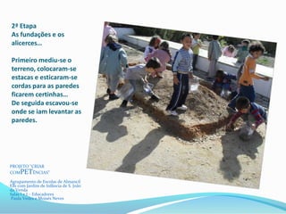 2ª Etapa
As fundações e os
alicerces…
Primeiro mediu-se o
terreno, colocaram-se
estacas e esticaram-se
cordas para as paredes
ficarem certinhas…
De seguida escavou-se
onde se iam levantar as
paredes.
PROJETO “CRIAR
COMPETÊNCIAS”
Agrupamento de Escolas de Almancil
EB1 com Jardim de Infância de S. João
da Venda
Salas I e J – Educadores
Paula Vedes e Moisés Neves
 