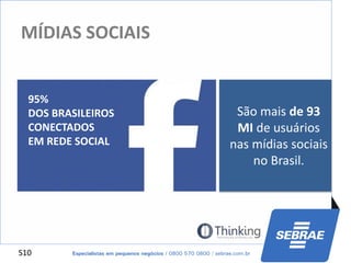 S10
MÍDIAS SOCIAIS
São mais de 93
MI de usuários
nas mídias sociais
no Brasil.
95%
DOS BRASILEIROS
CONECTADOS
EM REDE SOCIAL
 