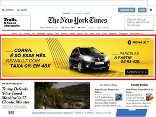 S33
• Concorrência
• Diferencial Claro
• Objetivos
• Integração comercial + Editoria
• Integração todos veículos da rede
• Exemplos locais, nacionais e internacionais
• Tendências de integração com redes sociais
• Mapa do site
 