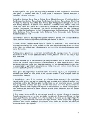 A construção de uma grade de programação também auxilia na produção musical de
uma rádio. O modelo pode ser o usado para o jornalismo, apenas alterando o
conteúdo, como no exemplo:

DiaHorário Segunda Terça Quarta Quinta Sexta Sábado Domingo 07h00 Românticas
Românticas Românticas Românticas Românticas Românticas Românticas 09h00 Pop
Pop Pop Pop Pop Pop Pop 11h00 Bom Almoço Bom Almoço Bom Almoço Bom Almoço
Bom Almoço Especial: A melhor banda Especial: A melhor banda 13h00 Tarde Rock
Tarde Rock Tarde Rock Tarde Rock Tarde Rock Tarde Rock Tarde Rock 16h00 Pop Pop
Pop Pop Pop Reggae Time Reggae Time 18h00 As Mais Pedidas As Mais Pedidas As
Mais Pedidas As Mais Pedidas As Mais Pedidas Arena de Rodeio Arena de Rodeio 19h00
Noite Sertaneja Noite Sertaneja Noite Sertaneja Noite Sertaneja Noite Sertaneja
Balada Fest Balada Fest

Os horários e os tipos de programas podem variar de acordo com a necessidade da
rádio, mas vale lembrar algumas convenções pertinentes ao veículo.

Durante a manhã, deve-se evitar músicas rápidas ou agressivas. Como a maioria das
pessoas costuma acordar nesse período do dia, elas normalmente estão em um ritmo
lento. É bom ter cuidado para não espantar o ouvinte. O horário do almoço pode seguir
a dica da manhã.

Muitas pessoas gostam de comer com tranqüilidade. Se a programação for produzida
de um modo muito radical, pode assustar o ouvinte, fazendo com que ele procure algo
mais relaxante.

Também se deve evitar a transmissão de diálogos durante muitas horas do dia. Se a
emissora é musical, deve transmitir músicas durante a maior parte do tempo. Claro
que sempre se pode contar com alguns programas em que os ouvintes conversem com
o apresentador e participem ativamente da rádio, mas um período muito longo de
conversa pode afugentar a audiência.

Nessa grade de programação elaborada como modelo na Figura 7, os programas são
descritos por nome ou pelo estilo a ser seguido durante a sua exibição, como no
detalhamento a seguir:

1. Românticas: como é de costume, as músicas desse segmento são tranqüilas,
normalmente lentas, boa para o despertar das pessoas sem muitos atropelos, nem
acelerando o ritmo de vida logo pela manhã. Pode ser um programa apenas musical,
mas que permita abertura para que o locutor leia cartas ou e-mail dos ouvintes que
desejam oferecer uma canção para alguém de seu interesse, ou ainda participação ao
vivo, falando por telefone ou pelos serviços de voz, como Skype ou MSN do próprio
computador.

2. Pop: essa é uma seqüência que sempre atrairá um grande número de ouvintes.
Tocará essencialmente as músicas que estão nas paradas de sucesso, filmes, novelas,
enfim, que “fazem a cabeça” do povo. Dependendo da maneira que a programação for
elaborada, haverá abertura para tocar todo tipo de som, desde o rock até o pagode,
passando pelo samba, sertanejo ou qualquer outro estilo. No entanto, as transições
devem ser feitas com cuidado.




                                                                                  18
 