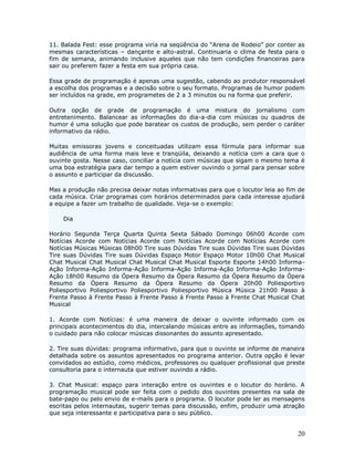 11. Balada Fest: esse programa viria na seqüência do “Arena de Rodeio” por conter as
mesmas características – dançante e alto-astral. Continuaria o clima de festa para o
fim de semana, animando inclusive aqueles que não tem condições financeiras para
sair ou preferem fazer a festa em sua própria casa.

Essa grade de programação é apenas uma sugestão, cabendo ao produtor responsável
a escolha dos programas e a decisão sobre o seu formato. Programas de humor podem
ser incluídos na grade, em programetes de 2 a 3 minutos ou na forma que preferir.

Outra opção de grade de programação é uma mistura do jornalismo com
entretenimento. Balancear as informações do dia-a-dia com músicas ou quadros de
humor é uma solução que pode baratear os custos de produção, sem perder o caráter
informativo da rádio.

Muitas emissoras jovens e conceituadas utilizam essa fórmula para informar sua
audiência de uma forma mais leve e tranqüila, deixando a notícia com a cara que o
ouvinte gosta. Nesse caso, conciliar a notícia com músicas que sigam o mesmo tema é
uma boa estratégia para dar tempo a quem estiver ouvindo o jornal para pensar sobre
o assunto e participar da discussão.

Mas a produção não precisa deixar notas informativas para que o locutor leia ao fim de
cada música. Criar programas com horários determinados para cada interesse ajudará
a equipe a fazer um trabalho de qualidade. Veja-se o exemplo:

    Dia

Horário Segunda Terça Quarta Quinta Sexta Sábado Domingo 06h00 Acorde com
Notícias Acorde com Notícias Acorde com Notícias Acorde com Notícias Acorde com
Notícias Músicas Músicas 08h00 Tire suas Dúvidas Tire suas Dúvidas Tire suas Dúvidas
Tire suas Dúvidas Tire suas Dúvidas Espaço Motor Espaço Motor 10h00 Chat Musical
Chat Musical Chat Musical Chat Musical Chat Musical Esporte Esporte 14h00 Informa-
Ação Informa-Ação Informa-Ação Informa-Ação Informa-Ação Informa-Ação Informa-
Ação 18h00 Resumo da Ópera Resumo da Ópera Resumo da Ópera Resumo da Ópera
Resumo da Ópera Resumo da Ópera Resumo da Ópera 20h00 Poliesportivo
Poliesportivo Poliesportivo Poliesportivo Poliesportivo Música Música 21h00 Passo à
Frente Passo à Frente Passo à Frente Passo à Frente Passo à Frente Chat Musical Chat
Musical

1. Acorde com Notícias: é uma maneira de deixar o ouvinte informado com os
principais acontecimentos do dia, intercalando músicas entre as informações, tomando
o cuidado para não colocar músicas dissonantes do assunto apresentado.

2. Tire suas dúvidas: programa informativo, para que o ouvinte se informe de maneira
detalhada sobre os assuntos apresentados no programa anterior. Outra opção é levar
convidados ao estúdio, como médicos, professores ou qualquer profissional que preste
consultoria para o internauta que estiver ouvindo a rádio.

3. Chat Musical: espaço para interação entre os ouvintes e o locutor do horário. A
programação musical pode ser feita com o pedido dos ouvintes presentes na sala de
bate-papo ou pelo envio de e-mails para o programa. O locutor pode ler as mensagens
escritas pelos internautas, sugerir temas para discussão, enfim, produzir uma atração
que seja interessante e participativa para o seu público.


                                                                                   20
 