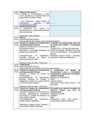 10:00   Palestra Internacional
11:30   A Gestão por Competências e a Ética
        como geradores do Conhecimento em
        Organizações do Setor Público

          John Erpenbeck - Berlin School of
        International       Business      and
        Entrepreneurship (SIBE).
11:30   Palestra Internacional
12:30   A     experiência   em     Gestão  do
        Conhecimento em Organizações públicas
        latino-americanas

        David Gray - Banco Mundial
12:30   Almoço
14:00   Salão Social Pablo Picasso
        Visita à Sala GC de Inovação e stand dos patrocinadores
14:00   Tutorial em Gestão do Conhecimento A Gestão do Conhecimento para fins
15:30   nas Organizações Públicas                  de Democracia Digital e Participação
        Gestão do Conhecimento como processo Social
        de Geração de Valor                        Cristiano Ferri – Câmara dos Deputados
        Diagnóstico e Orientação estratégica da Guilherme Almeida – Ministério da Justiça
        Gestão do Conhecimento                     Prof. Luis Felipe Miguel – Universidade de
                                                   Brasília
        Compartilhamento      de    experiências: Moderador: Ricardo Poppi – Secretaria
        Conselho Nacional de Justiça e Geral da Presidência da República
        Advocacia Geral da União

        Moderador: Beto do Valle - TerraForum
15:30   Coffee Break
16:00   Salão Social Pablo Picasso
        Visita à Sala GC de Inovação e stand dos patrocinadores
16:00   Tutorial em Gestão do Conhecimento A             contribuição     da   Gestão do
17:30   nas Organizações Públicas                   Conhecimento para a formulação,
        Soluções e Práticas de Gestão do implantação e fiscalização de políticas
        Conhecimento                                públicas no Brasil
        Compartilhamento        de    Experiências: Ministério do Planejamento
        Empresa Brasileira de Correios e IPEA
        Telégrafos, Conselho da Justiça Federal Senado Federal
        e Tribunal Superior Eleitoral               Moderadora: Sônia Maria Goulart – SG
                                                    Educação
        Moderador: Beto do Valle – TerraForum
17:30   Tutorial em Gestão do Conhecimento Os desafios da melhoria da gestão do
19:00   nas Organizações Públicas                   Governo Federal com foco no
        Inserção da Gestão do Conhecimento no conhecimento
        Contexto Organizacional: Indicadores, Ministério da Saúde
        Governança e Gestão da Mudança no SERPRO
        setor público brasileiro.                   IBICT
        Compartilhamento        de    Experiências: Moderadora: Profa. Luiza Alonso –
        CAIXA, ENAP e EMBRAPA                       Universidade Católica de Brasília

        Moderador: Professor Paulo Fresneda –
        Universidade Católica de Brasília
 