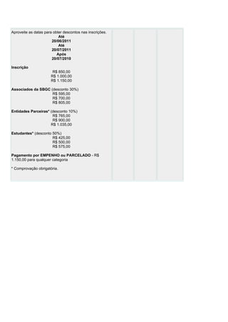 Aproveite as datas para obter descontos nas inscrições.
                           Até
                       20/06/2011
                           Até
                       20/07/2011
                          Após
                       20/07/2010

Inscrição
                       R$ 850,00
                      R$ 1.000,00
                      R$ 1.150,00

Associados da SBGC (desconto 30%)
                    R$ 595,00
                    R$ 700,00
                    R$ 805,00

Entidades Parceiras* (desconto 10%)
                      R$ 765,00
                      R$ 900,00
                     R$ 1.035,00

Estudantes* (desconto 50%)
                      R$ 425,00
                      R$ 500,00
                      R$ 575,00

Pagamento por EMPENHO ou PARCELADO - R$
1.150,00 para qualquer categoria

* Comprovação obrigatória.
 