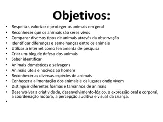 Objetivos:Respeitar, valorizar e proteger os animais em geralReconhecer que os animais são seres vivosComparar diversos tipos de animais através da observaçãoIdentificar diferenças e semelhanças entre os animaisUtilizar a internet como ferramenta de pesquisaCriar um blog de defesa dos animaisSaber identificar Animais domésticos e selvagens Animais úteis e nocivos ao homem Reconhecer as diversas espécies de animais Conhecer a alimentação dos animais e os lugares onde vivem Distinguir diferentes formas e tamanhos de animais Desenvolver a criatividade, desenvolvimento-lógico, a expressão oral e corporal, a coordenação motora, a percepção auditiva e visual da criança.