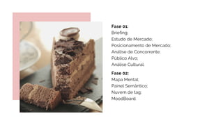 Fase 01:
Briefing;
Estudo de Mercado;
Posicionamento de Mercado;
Análise de Concorrente;
Público Alvo;
Análise Cultural.
Fase 02:
Mapa Mental;
Painel Semântico;
Nuvem de tag;
MoodBoard.
 