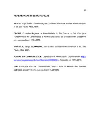 15

REFERÊNCIAS BIBLIOGRÁFICAS


BRAGA, Hugo Rocha. Demonstrações Contábeis: estrutura, análise e interpretação.
4. ed. São Paulo: Atlas, 1999.


CRC-RS, Conselho Regional de Contabilidade do Rio Grande do Sul. Princípios
Fundamentais da Contabilidade e Normas Brasileiras de Contabilidade. Disponível
em: . Acessado em 12/04/2010.


IUDÍCIBUS, Sérgio de; MARION, José Carlos. Contabilidade comercial. 6. ed. São
Paulo, Atlas, 2004.


PORTAL DA CONTABILIDADE. Depreciação x Amortização. Disponível em: http://
www.normaslegais.com.br/cont/2contabil300806.htm. Acessado em 16/05/2010.


UVB, Faculdade On-Line. Contabilidade Geral – Aula 03 Método das Partidas
Dobradas. Disponível em: . Acessado em 16/05/2010.
 