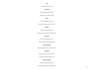 Capa Frandsen dos Santos de Souza 5º A A moribunda Escrita por Wuesley Oliveira Soares 5 º A Ilustrada por Janaina  da Silva Santos 5 º B Insônia Escrita por Natielli Silva de Souza 5 º  A Ilustrada por Wesley Vin í cius Pereira da Silva 5 º  B O Diabinho Escrita por Luan Pablo Sganzerla 5 º  A Ilustrada por Ana Carolina Oliveira Guedes Memoria 5 º  B Algo estranho Escrita por Elvira Gabriela Sarturi 5 º  A Ilustrada por M á rcio Anthony Garcia Barreto 5 º  B Casa mal-assombrada Escrita e ilustrada por Frandsen dos Santos de Souza 5 º  A O lobisomem Escrita por Frandsen dos Santos de Souza 5 º  A Ilustrada por Anna Beatriz de Melo Zanol 5 º  B Monstros da meia-noite Escrita por  É rika Nascimento da Silva 5 º  A Ilustrada por Hellen Carolyne e Fernando Padilha 5 º  B 10 