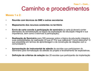 Fase 1 – Cont... Caminho e procedimentos Meses 1 e 2: Reunião com técnicos da SME e outras secretarias Mapeamento dos recursos existentes no território  Envio de carta convite à participação de seminário  (a carta já deverá conter elementos de sensibilização na lógica da explicitação da educação integral e sua importância, bem como o estímulo à participação); Realização de Seminário  para 300 pessoas sobre a lógica da educação integral e suas possibilidades de realização (O que é? Por que realizá-la? Como efetivá-la? O que possibilita em termos de aprendizagem e de construção de relações com a comunidade?); Apresentação de instrumental de adesão  às escolas que participaram do Seminário para formalização da adesão ao projeto e levantamento de expectativas. Definição de critérios de seleção  das 20 escolas que participarão da implantação 