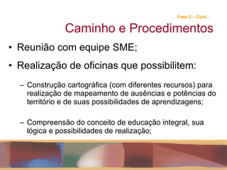Fase 2 – Cont...   Caminho e Procedimentos Reunião com equipe SME; Realização de oficinas que possibilitem:  Construção cartográfica (com diferentes recursos) para realização de mapeamento de ausências e potências do território e de suas possibilidades de aprendizagens; Compreensão do conceito de educação integral, sua lógica e possibilidades de realização; 