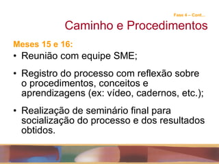 Fase 4 – Cont...   Caminho e Procedimentos Meses 15 e 16: Reunião com equipe SME; Registro do processo com reflexão sobre o procedimentos, conceitos e aprendizagens (ex: vídeo, cadernos, etc.);  Realização de seminário final para socialização do processo e dos resultados obtidos. 