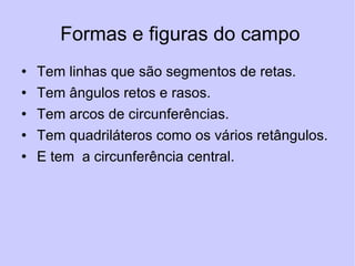 Formas e figuras do campo Tem linhas que são segmentos de retas. Tem ângulos retos e rasos. Tem arcos de circunferências. Tem quadriláteros como os vários retângulos.  E tem  a circunferência central. 