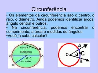 Circunferência Os elementos da circunferência são o centro, o raio, o diâmetro. Ainda podemos identificar arcos, ângulo central e outros.  Na circunferência, podemos encontrar o comprimento, a área e medidas de ângulos.  Você já sabe calcular?  