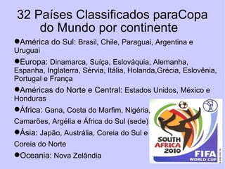 32 Países Classificados paraCopa do Mundo por continente  América do Sul:  Brasil, Chile, Paraguai, Argentina e Uruguai Europa:  Dinamarca, Suíça, Eslováquia, Alemanha, Espanha, Inglaterra, Sérvia, Itália, Holanda,Grécia, Eslovênia, Portugal e França Américas do Norte e Central:  Estados Unidos, México e Honduras África:  Gana, Costa do Marfim, Nigéria,  Camarões, Argélia e África do Sul (sede) Ásia:  Japão, Austrália, Coreia do Sul e  Coreia do Norte Oceania:  Nova Zelândia 
