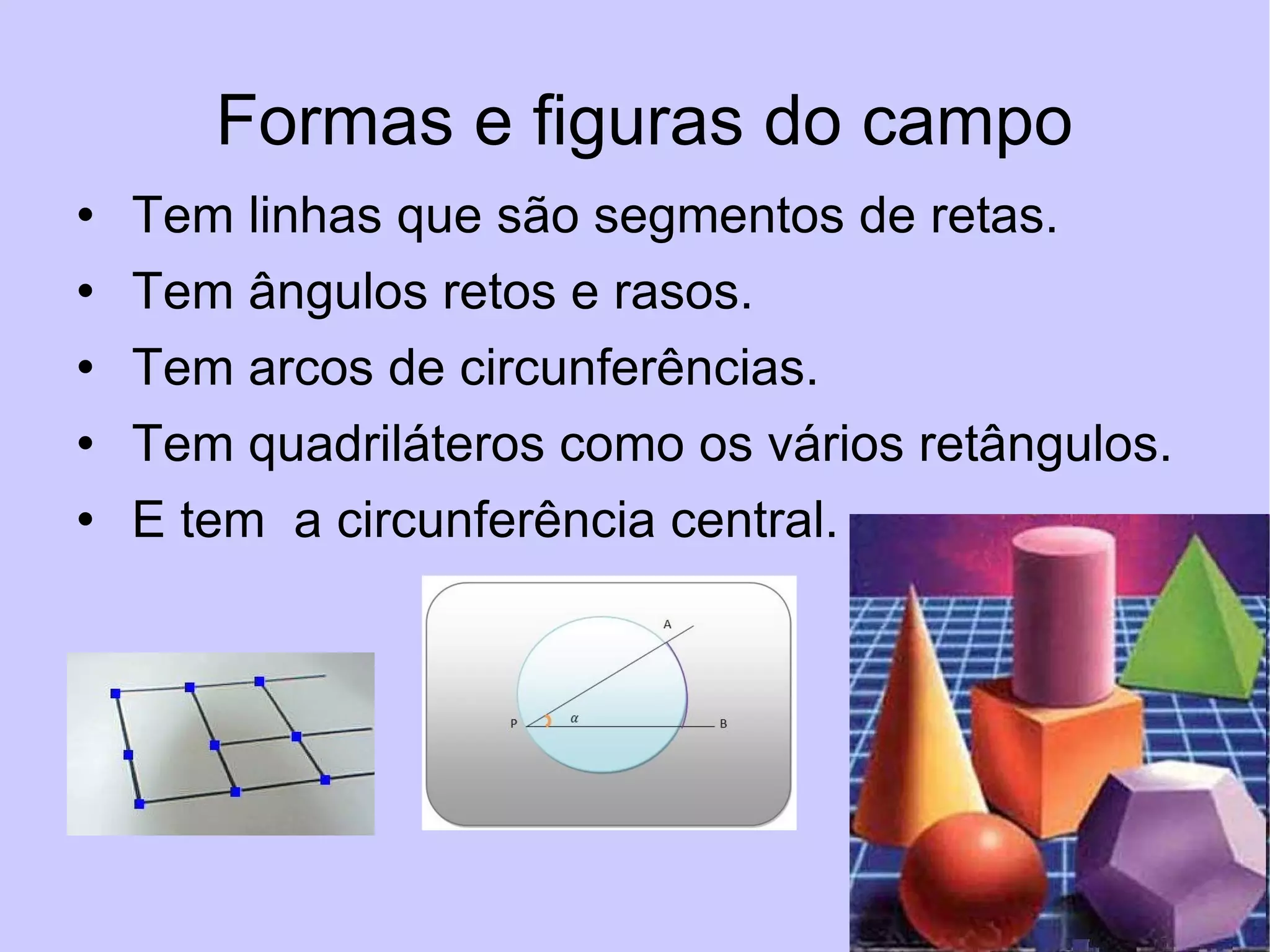 Formas e figuras do campo Tem linhas que são segmentos de retas. Tem ângulos retos e rasos. Tem arcos de circunferências. Tem quadriláteros como os vários retângulos.  E tem  a circunferência central. 