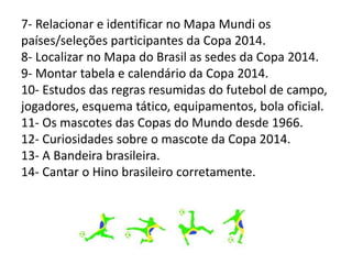 7- Relacionar e identificar no Mapa Mundi os
países/seleções participantes da Copa 2014.
8- Localizar no Mapa do Brasil as sedes da Copa 2014.
9- Montar tabela e calendário da Copa 2014.
10- Estudos das regras resumidas do futebol de campo,
jogadores, esquema tático, equipamentos, bola oficial.
11- Os mascotes das Copas do Mundo desde 1966.
12- Curiosidades sobre o mascote da Copa 2014.
13- A Bandeira brasileira.
14- Cantar o Hino brasileiro corretamente.
 