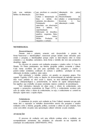 país, seus nutrientes e
hábitos de alimentação.
que envolvam os conceitos
da Ciência.
Leitura e interpretação de
listas e tabelas dos
nutrientes dos alimentos.
Participação em
entrevistas, em observação
direta e indireta, em
experimentação.
Elaboração de desenhos,
quadros, esquemas, listas,
pequenos textos,
tabelas. Produção de
maquetes e cartazes.
alimentação dos países
estudados.
Desenvolvimento de
atitudes e comportamentos
favoráveis à boa
alimentação e saúde.
METODOLOGIA
Desenvolvimento:
Durante todo o primeiro semestre será desenvolvido o projeto de
forma “transversal e interdisciplinar”; transversal porque incluirá temas relevantes para
estudo e pesquisa; e interdisciplinar porque expõe as inter-relações entre os temas
estudados e as disciplinas curriculares, desta forma o trabalho não terá uma perspectiva
disciplinar rígida.
No decorrer do semestre será realizadas pesquisas e estudos sobre: A Copa do
Mundo; Os Países participantes, sua história, geografia, politica, economia e cultura.
Cada turma escolherá um país para aprofunda suas pesquisas e estudos e
poderá realizar seminários; confecção de cartazes e panfletos; produção de texto;
elaboração de tabelas e gráficos entre outros.
Será priorizado o trabalho coletivo, em grandes ou pequenos grupos. Pois
segundo Vygotsky (1987), todas as funções do desenvolvimento do indivíduo aparecem
duas vezes: primeiro no nível social e, depois, no nível individual; primeiro entre
pessoas (Interpsicológico) e, posteriormente, no interior do sujeito (intrapsicológico).
Isto significa que o trabalho em grupo oportuniza maiores condições de aprendizagem.
Será valorizada a interação do aluno como o objeto de conhecimento, pois
segundo a perspectiva construtivista de Piaget (1973) o conhecimento acontece pela
ação do sujeito sobre o objeto de conhecimento, ou seja, o conhecimento se constrói na
interação sujeito-meio e sujeito-objeto.
Culminância:
A culminância do projeto será realizada na Feira Cultural, momento em que cada
turma fará a exposição os trabalhos desenvolvidos através das pesquisas e estudos
realizados sobre a história, geografia, politica, economia e cultura do país estudado, bem
como será exibirá em palco uma apresentação cultural referente ao país estudado.
AVALIAÇÃO
O processo de avaliação será uma reflexão contínua sobre a realidade, um
acompanhamento permanente das atividades do educando na sua trajetória de
construção do conhecimento (HOFFMANN, 1993).
 