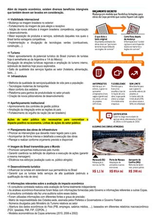 Além do impacto econômico, existem diversos benefícios intangíveis
que também devem ser levados em consideração.
Visibilidade internacional
• Mudança na imagem brasileira no exterior:
- Fortalecimento da imagem de país alegre e receptivo
- Adição de novos atributos à imagem brasileira: competência, organização
e desenvolvimento.
• Maior exposição de produtos e serviços, sobretudo daqueles nos quais o
Brasil tenha vantagens competitivas.
• Implementação e divulgação de tecnologias verdes (combustíveis,
construção,...).
Turismo
• Maior aproveitamento do potencial turístico do Brasil (número de turistas
hoje é semelhante ao da Argentina e 1/4 do México)
Divulgação de atrações turísticas regionais e ampliação do turismo interno,
sobretudo de destinos hoje pouco explorados.
• Salto de qualidade dos serviços ligados ao setor (hotelaria, alimentação,
taxis,...).
 Infraestrutura
• Melhoria da qualidade de serviços/qualidade de vida para a população:
- Tecnologias modernas de transportes
- Maior conforto dos estádios
• Plataforma para ganhos de produtividade no setor privado
• Criação de novos pólos/vetores de desenvolvimento
Aperfeiçoamento institucional
• Aprimoramento dos controles da gestão pública
• Ampliação da integração entre as regiões do país
• Fortalecimento do orgulho da nação (de ser brasileiro)
Ações do setor público são necessárias para concretizar o
impacto positivo na economia. Linhas de ações do setor público:
Planejamento das obras de infraestrutura
• Priorizar as intervenções que deixarão maior legado para o país
• Acompanhar de forma intensa e detalhada a execução das obras
• Planejar e realizar conforme orçamento previsto e disponível
Imagem do Brasil transmitida para o Mundo
• Promover campanhas institucionais pelo mundo
• Garantir coerência na definição de objetivos e execução de ações (garantir
a mesma mensagem)
• Eficiência nos esforços (avaliação custo vs. público atingido)
Desenvolvimento turístico
• Influenciar os turistas em estenderam sua permanência no Brasil
• Garantir que os turistas terão serviços de alta qualidade (estimulo a
qualificação da mão de obra)
Informações relevantes sobre a avaliação do impacto econômico
• A consultoria contratada realizou esta avaliação de forma totalmente independente
• As análises econômico-financeiras foram feitas com informações fornecidas pela Governo e informações referentes a outras Copas.
A consultoria contratada não fez uma auditoria sobre esses dados.
• Foram utilizadas informações com diferentes fontes e graus de precisão:
- Matriz de responsabilidade das Cidades-sede, assinada pelos Prefeitos e Governadores e Governo Federal
- Números divulgados pelo Ministério do Turismo relativos ao setor
- Abertura dos dados econômicos do País (PIB, empregos, salários médios, ...), baseados em diferentes relatórios macroeconômico
(FGV, Ipeadata, FMI, FIP, COPON...)
- Modelos econométricos de Copas anteriores (2010, 2006 e 2002)
 