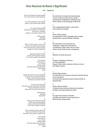 Hino Nacional do Brasil e Significado
Letra
1
Ouviram do Ipiranga as margens plácidas
De um povo heroico o brado retumbante,
2
E o sol da Liberdade, em raios fúlgidos,
Brilhou no céu da Pátria nesse instante.
3
Se o penhor dessa igualdade
Conseguimos conquistar com braço forte,
Em teu seio, ó Liberdade,
Desafia o nosso peito a própria morte!
Ó Pátria amada,
Idolatrada,
Salve! Salve!
4
Brasil, um sonho intenso, um raio vívido
De amor e de esperança à terra desce,
Se em teu formoso céu, risonho e límpido,
A imagem do Cruzeiro resplandece.
5
Gigante pela própria natureza,
És belo, és forte, impávido colosso,
E o teu futuro espelha essa grandeza
Terra adorada,
Entre outras mil,
És tu, Brasil,
Ó Pátria amada!
Dos filhos deste solo és mãe gentil,
Pátria amada,
Brasil!
6
Deitado eternamente em berço esplêndido,
Ao som do mar e à luz do céu profundo,
Fulguras, ó Brasil, florão da América,
Iluminado ao sol do Novo Mundo!
7
Do que a terra mais garrida
Teus risonhos, lindos campos têm mais flores;
"Nossos bosques têm mais vida",
"Nossa vida" no teu seio "mais amores".
Ó Pátria amada,
Idolatrada,
Salve! Salve!
8
Brasil, de amor eterno seja símbolo
O lábaro que ostentas estrelado,
E diga o verde-louro desta flâmula
- Paz no futuro e glória no passado.
9
Mas, se ergues da justiça a clava forte,
Verás que um filho teu não foge à luta,
Nem teme, quem te adora, a própria morte.
Terra adorada
Entre outras mil,
És tu, Brasil,
Ó Pátria amada!
Dos filhos deste solo és mãe gentil,
Pátria amada,
Brasil
Significado
1
Na ordem direta: As margens do (riacho) Ipiranga
ouviram o brado de um povo heroico; alusão à
proclamação da independência, realizada por dom
Pedro I, próximo ao riacho Ipiranga, em São Paulo
2
Com a independência do Brasil, o país torna-se
livre do domínio de Portugal
3
Penhor: direito, garantia.
Se conquistamos o direito à igualdade entre as nações,
poderemos dar a vida para defender a liberdade
4
Na ordem direta: Se em teu formoso céu
resplandece a imagem do Cruzeiro (do Sul,
a constelação), ó Brasil, desce à terra um sonho
intenso, um raio vívido, de amor e de esperança
5
Impávido: sem medo (sem pavor)
6
Compara-se esplendor da natureza a
um “berço esplendido”.
Fulgurar: brilhar; florão; ornamento de flores ou de ouro;
Novo Mundo: América
7
Garrida: alegre, graciosa.
Em ordem direta: Teus risonhos campos tem mais flores do que
a terra mais garrida.
Os trechos entre aspas são do poema Canção do Exílio, de
Gonçalves Dias.
8
Lábaro e flâmula: bandeira.
O simbolo de amor eterno pelo Brasil será sua bandeira
estrelada, cujo verde simboliza paz e glória
9
Se a guerra (clava forte) for necessária,
seus filhos não fugirão à luta, pois quem adora o
Brasil não teme a própria morte.
 