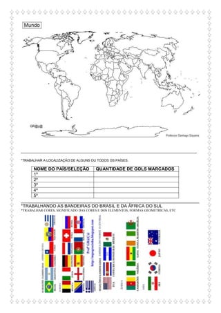 _______________________________________________________________________
*TRABALHAR A LOCALIZAÇÃO DE ALGUNS OU TODOS OS PAÍSES.
NOME DO PAÍS/SELEÇÃO QUANTIDADE DE GOLS MARCADOS
1º
2º
3º
4º
5º
________________________________________________________________________
*TRABALHANDO AS BANDEIRAS DO BRASIL E DA ÁFRICA DO SUL
*TRABALHAR CORES, SIGNIFICADO DAS CORES E DOS ELEMENTOS, FORMAS GEOMÉTRICAS, ETC
 