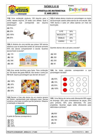 MÓDULO II
APOSTILA DE MATEMÁTICA
5º ANO (2011)
PROJETO (CON)SEGUIR – MÓDULO 2 – 5º ANO 24 MATEMÁTICA - 2011
119) Uma confecção produziu 100 biquínis para o
verão, desses biquínis, 25 estão com defeito. Qual a
porcentagem que corresponde aos biquínis
defeituosos?
(A) 75%
(B) 25%
(C) 100%
(D) 50%
120) A diretora de uma escola que possui 340 alunos
observou que na sexta feira antes do carnaval somente
50% dos alunos compareceram à escola. Quantos
alunos foram à escola?
(A) 170
(B) 150
(C) 290
(D) 390
121) Ana vende docinhos para festa. Para confecção
de 100 doces ela gasta R$8,00. Ela vende o cento por
R$16,00. Qual a porcentagem que ela tem de lucro?
(A) 100%
(B) 20%
(C) 25%
(D) 50%
122) Denise e Caio são donos de um mesmo terreno
em Xerém, representado pelo retângulo maior. Denise
construiu uma casa na parte que lhe pertence. Observe
a ilustração e responda:
A parte de Denise corresponde à:
(A) 50%
(B) 10%
(C) 25%
(D) 100%
123) A tabela abaixo mostra em porcentagem os meios
de locomoção usados pelos alunos de uma escola. São
1000 alunos e cada um utiliza apenas um meio de
locomoção.
A PÉ 50%
BICICLETA 20%
ÔNIBUS 25%
CARRO 5%
Quantos alunos vão a pé para a escola?
(A) 500
(B) 250
(C) 200
(D) 50
124) As bolas coloridas correspondem a que
porcentagem do total?
(A) 50%
(B) 10%
(C) 25%
(D) 100%
125) Uma fábrica de carros está oferecendo 800 vagas
de emprego. 20% para controladores de peças, 25%
para pintores, 50% para eletricistas, 5% para
projetistas. Quantas vagas estão oferecendo para
eletricistas e pintores?
(A) 600
(B) 400
(C) 160
(D) 40
 