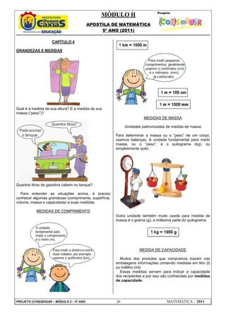 MÓDULO II
APOSTILA DE MATEMÁTICA
5º ANO (2011)
PROJETO (CON)SEGUIR – MÓDULO 2 – 5º ANO 26 MATEMÁTICA - 2011
CAPÍTULO 4
GRANDEZAS E MEDIDAS
Qual é a medida de sua altura? E a medida de sua
massa (“peso”)?
Quantos litros de gasolina cabem no tanque?
Para entender as situações acima, é preciso
conhecer algumas grandezas (comprimento, superfície,
volume, massa e capacidade) e suas medidas.
MEDIDAS DE COMPRIMENTO
MEDIDAS DE MASSA
Unidades padronizadas de medida de massa
Para determinar a massa ou o “peso” de um corpo,
usamos balanças. A unidade fundamental para medir
massa, ou o “peso”, é o quilograma (kg), ou
simplesmente quilo.
Outra unidade também muito usada para medida de
massa é o grama (g), a milésima parte do quilograma.
MEDIDA DE CAPACIDADE
Muitos dos produtos que compramos trazem nas
embalagens informações contendo medidas em litro (l)
ou mililitro (ml).
Essas medidas servem para indicar a capacidade
dos recipientes e por isso são conhecidas por medidas
de capacidade.
 