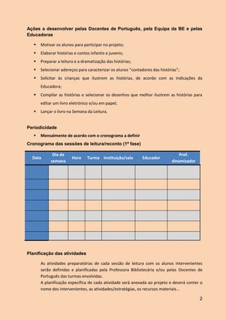 2
Ações a desenvolver pelas Docentes de Português, pela Equipa da BE e pelas
Educadoras
 Motivar os alunos para participar no projeto;
 Elaborar histórias e contos infantis e juvenis;
 Preparar a leitura e a dramatização das histórias;
 Selecionar adereços para caracterizar os alunos “contadores das histórias”;
 Solicitar às crianças que ilustrem as histórias, de acordo com as indicações da
Educadora;
 Compilar as histórias e selecionar os desenhos que melhor ilustrem as histórias para
editar um livro eletrónico e/ou em papel;
 Lançar o livro na Semana da Leitura.
Periodicidade
 Mensalmente de acordo com o cronograma a definir
Cronograma das sessões de leitura/reconto (1ª fase)
Data
Dia da
semana
Hora Turma Instituição/sala Educador
Prof.
dinamizador
Planificação das atividades
As atividades preparatórias de cada sessão de leitura com os alunos intervenientes
serão definidas e planificadas pela Professora Bibliotecária e/ou pelas Docentes de
Português das turmas envolvidas.
A planificação específica de cada atividade será anexada ao projeto e deverá conter o
nome dos intervenientes, as atividades/estratégias, os recursos materiais…
 