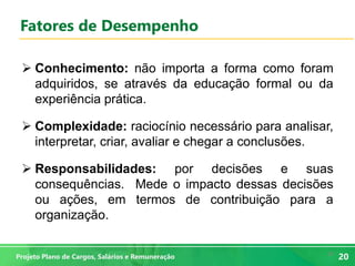 20
20Projeto Plano de Cargos, Salários e Remuneração
Fatores de Desempenho
 Conhecimento: não importa a forma como foram
adquiridos, se através da educação formal ou da
experiência prática.
 Complexidade: raciocínio necessário para analisar,
interpretar, criar, avaliar e chegar a conclusões.
 Responsabilidades: por decisões e suas
consequências. Mede o impacto dessas decisões
ou ações, em termos de contribuição para a
organização.
 