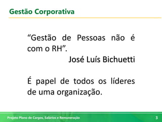 3
3
Gestão Corporativa
“Gestão de Pessoas não é
com o RH”.
José Luís Bichuetti
É papel de todos os líderes
de uma organização.
Projeto Plano de Cargos, Salários e Remuneração
 