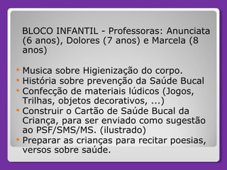 BLOCO INFANTIL - Professoras: Anunciata (6 anos), Dolores (7 anos) e Marcela (8 anos) Musica sobre Higienização do corpo. História sobre prevenção da Saúde Bucal Confecção de materiais lúdicos (Jogos, Trilhas, objetos decorativos, ...) Construir o Cartão de Saúde Bucal da Criança, para ser enviado como sugestão ao PSF/SMS/MS. (ilustrado) Preparar as crianças para recitar poesias, versos sobre saúde. 